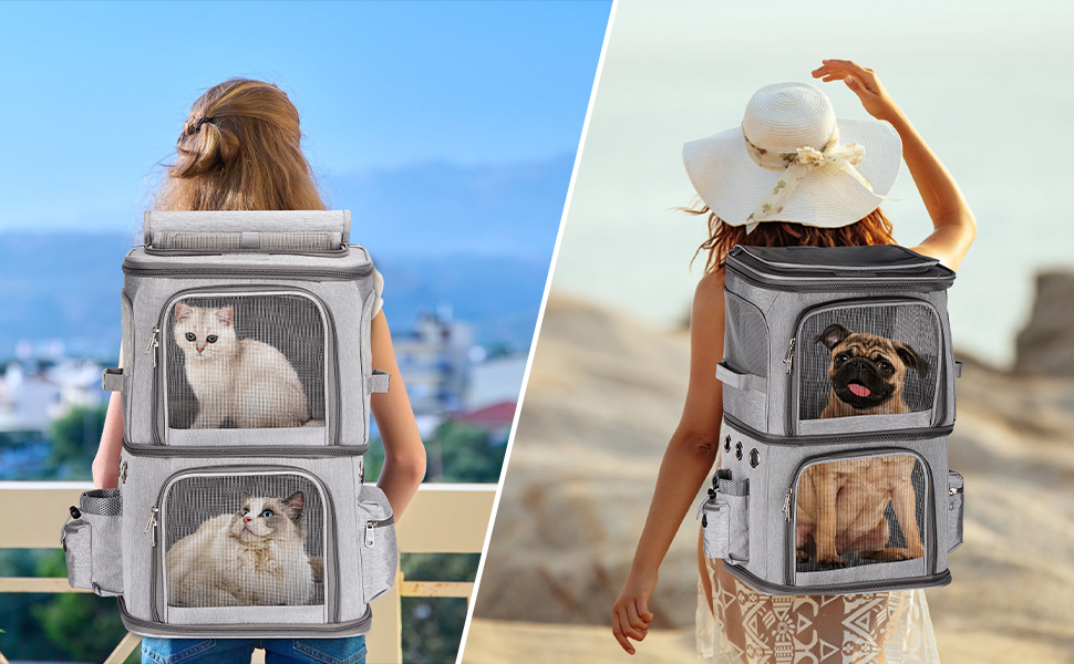 Рюкзак для котів на 2 котів, 2-в-1, знімний подвійний відсік, до 12 кг, переноска, для товстих котів, з вентиляцією, XL, сірий