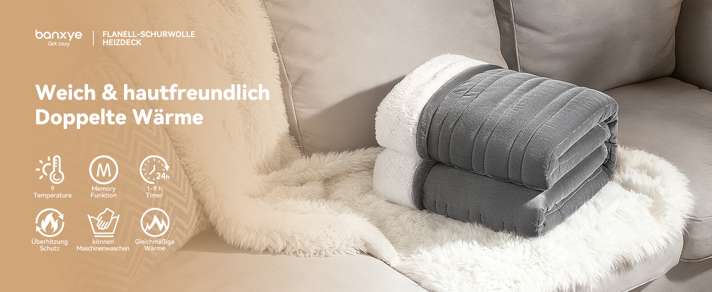 Електрична гріюча ковдра з 9 зон нагріву, таймером та функцією пам'яті, 160x120 см. Двостороння фланель та штучне хутро. Для 1 особи/дивану