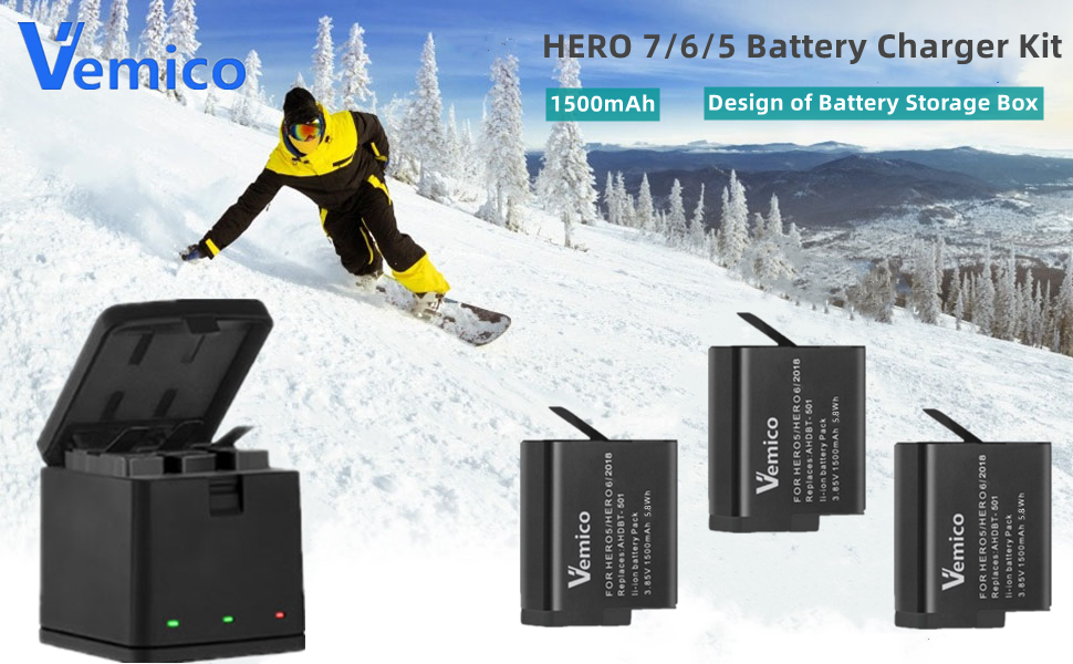 Зарядний комплект Vemico Hero 7/6/5: 3 акумулятори 1500mAh, зарядний пристрій з LED, Type-C, сумісний з Hero 7/6/5/2018, AHDBT-501