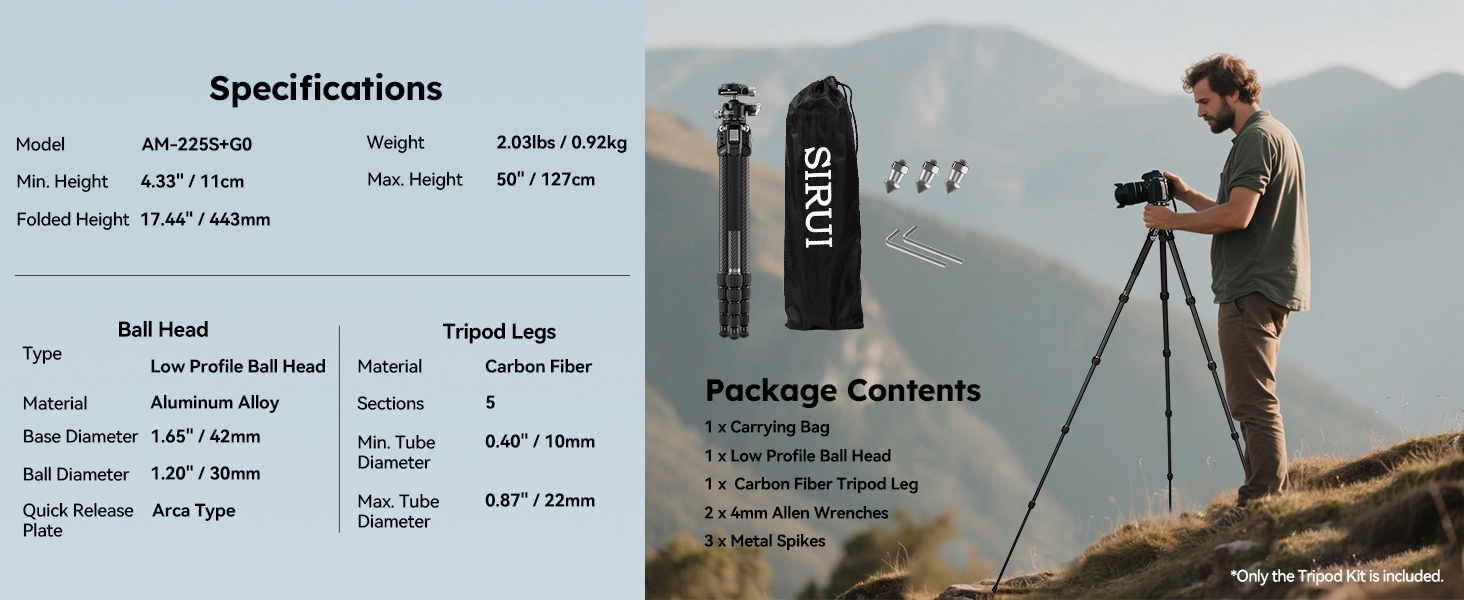 Штатив SIRUI AM-225 Carbon з кульковою головкою 360° (B-00K), 127 см, 0.93 кг, 6 кг. Легкий та компактний професійний штатив з 5 секціями, швидкознімною платформою