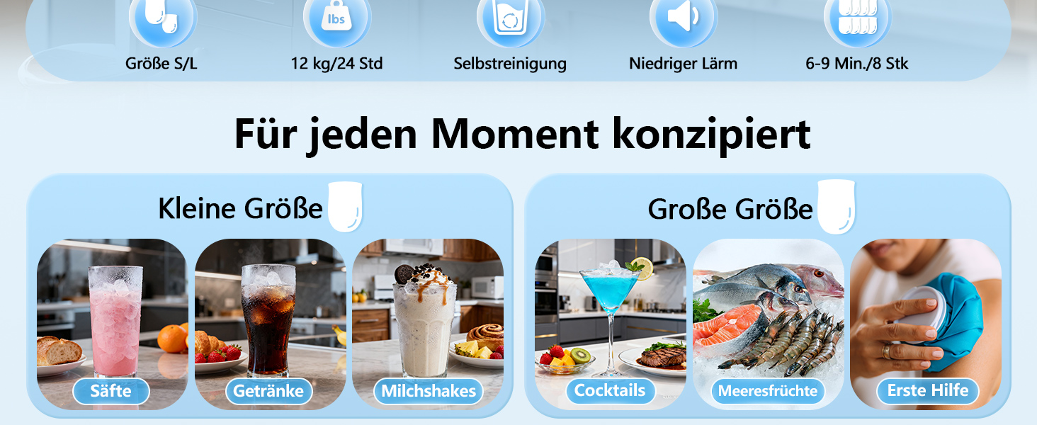 Машина для приготування льоду Eiswürfelmaschine Klein: портативна, 12 кг/24 год, 8 кубиків за 6 хв, 2 розміри, самоочищення для дому, кухні, кемпінгу, вечірки, RV
