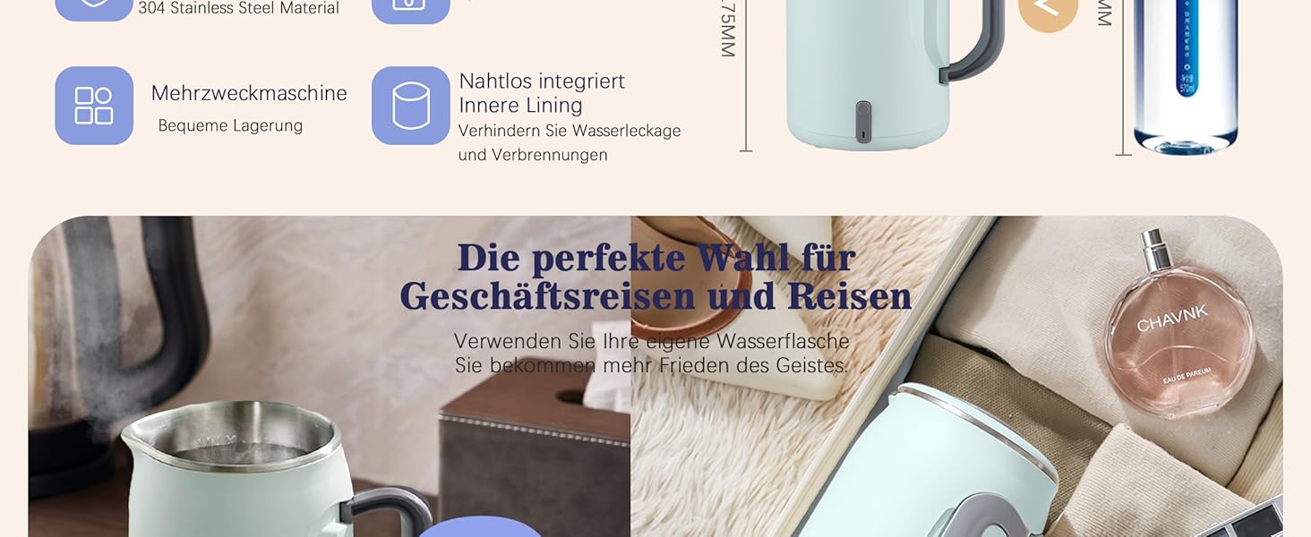 Електричний чайник 0.9л з нержавіючої сталі 304, 1360W, швидке кип'ятіння за 4-6 хвилин, класичний компактний дизайн, кнопка вмикання в один дотик, автоматичне відключення та захист від перегріву, для дому, офісу та любителів кави (світло-зелений)