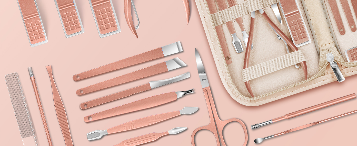 Набір для манікюру та педикюру, 16 шт. з нержавіючої сталі, професійний набір для догляду за нігтями з портативним шкіряним етиулюком, чорний/рожевий
