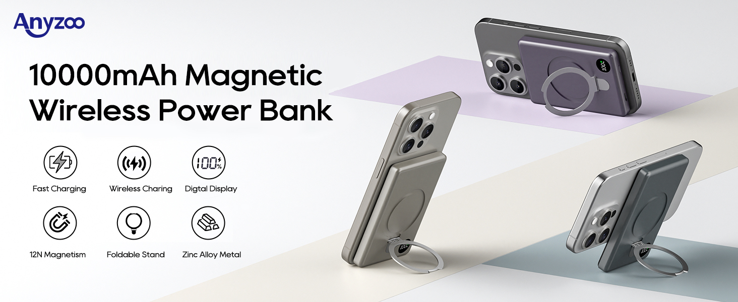 Powerbank MagSafe 10000mAh з PD 20W, бездротова зарядка, USB-C, LED-дисплей, для iPhone 17/16/15/14/13/12, серія Pro/Pro Max, Titanium Grey