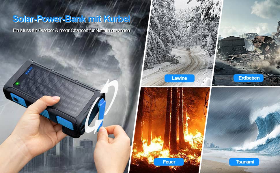 Сонячний Power Bank 26800 mAh з ручкою та 4 кабелями, USB-C, 7 виходів, 4 входи, для телефону, Outdoor, водонепроникний, зовнішній акумулятор для кемпінгу (Синій)