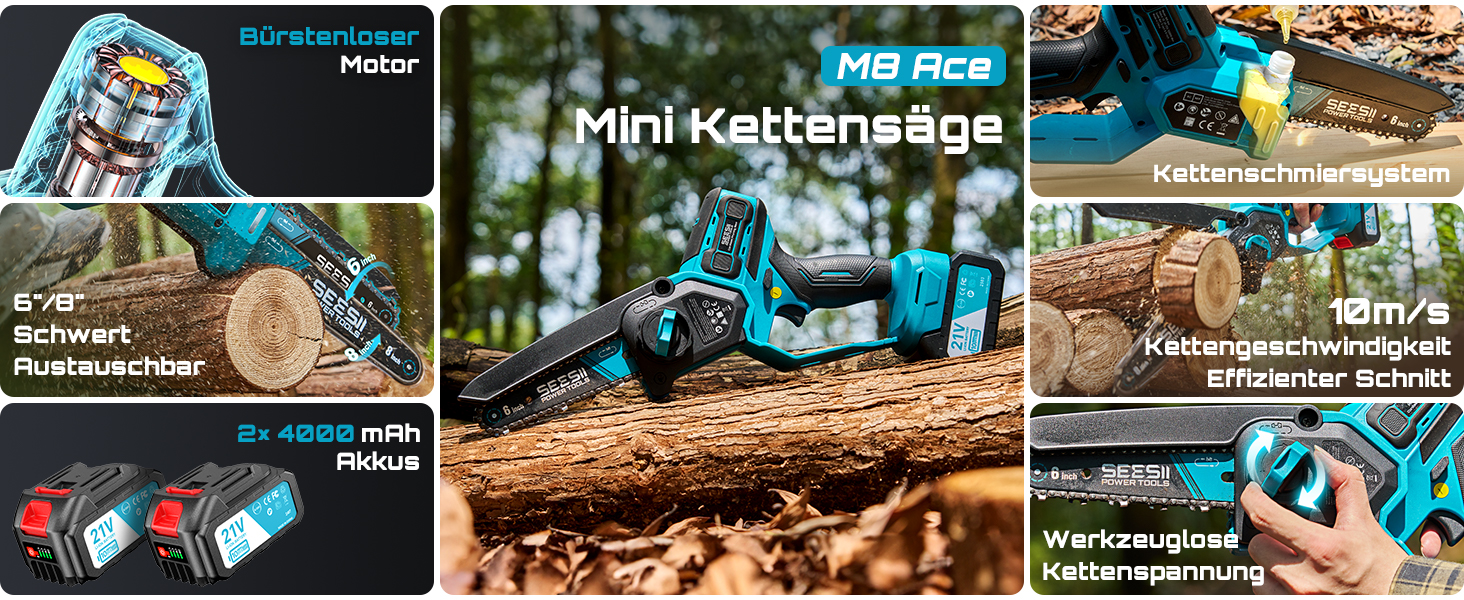 SEESII Безщіткова міні-пилка 6 дюймів, ручна акумуляторна пилка з 2 * 4000 mAh акумуляторами, одноручна акумуляторна пилка з автоматичним змащенням, сумісна з акумулятором Makita 18V, електрична пилка для дерева, гілок 6 дюймів безщіткова (6+8 дюймів безщіткова)