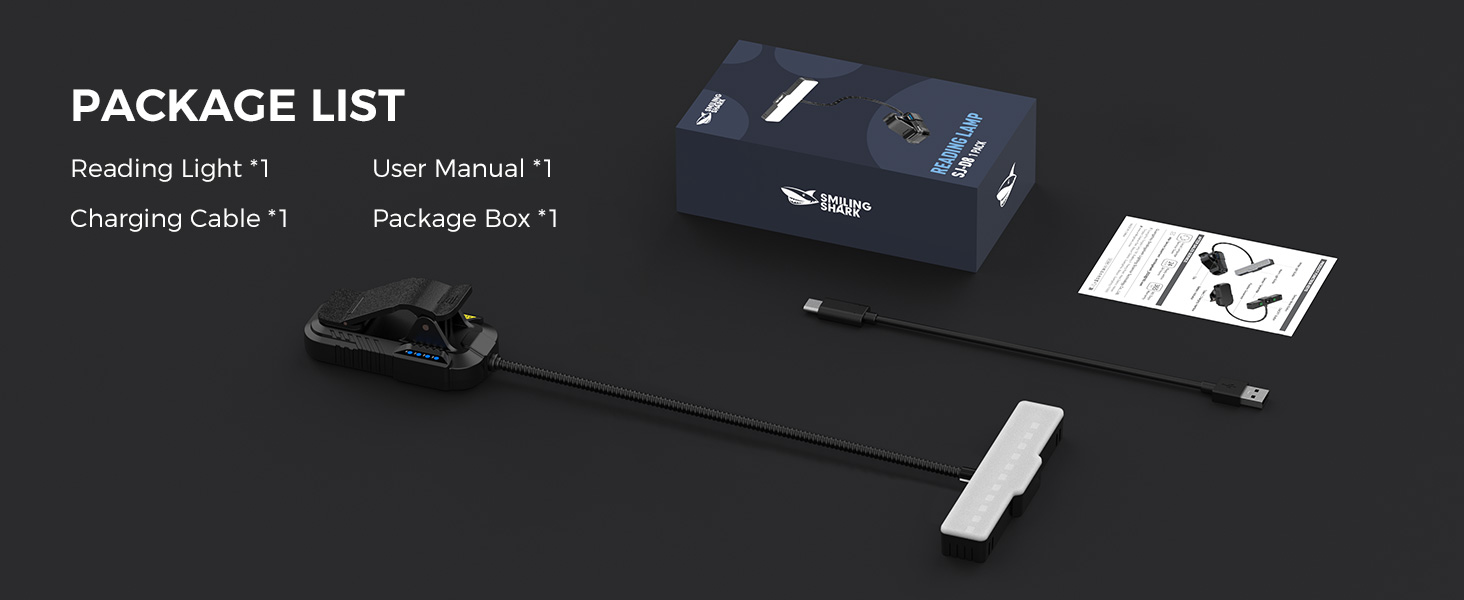 Ліхтарик для читання Smiling Shark LED, USB, 1200 mAh, 3 режими кольору, 6 режимів яскравості, гнучкий, з кліпсою та датчиком, індикатор батареї