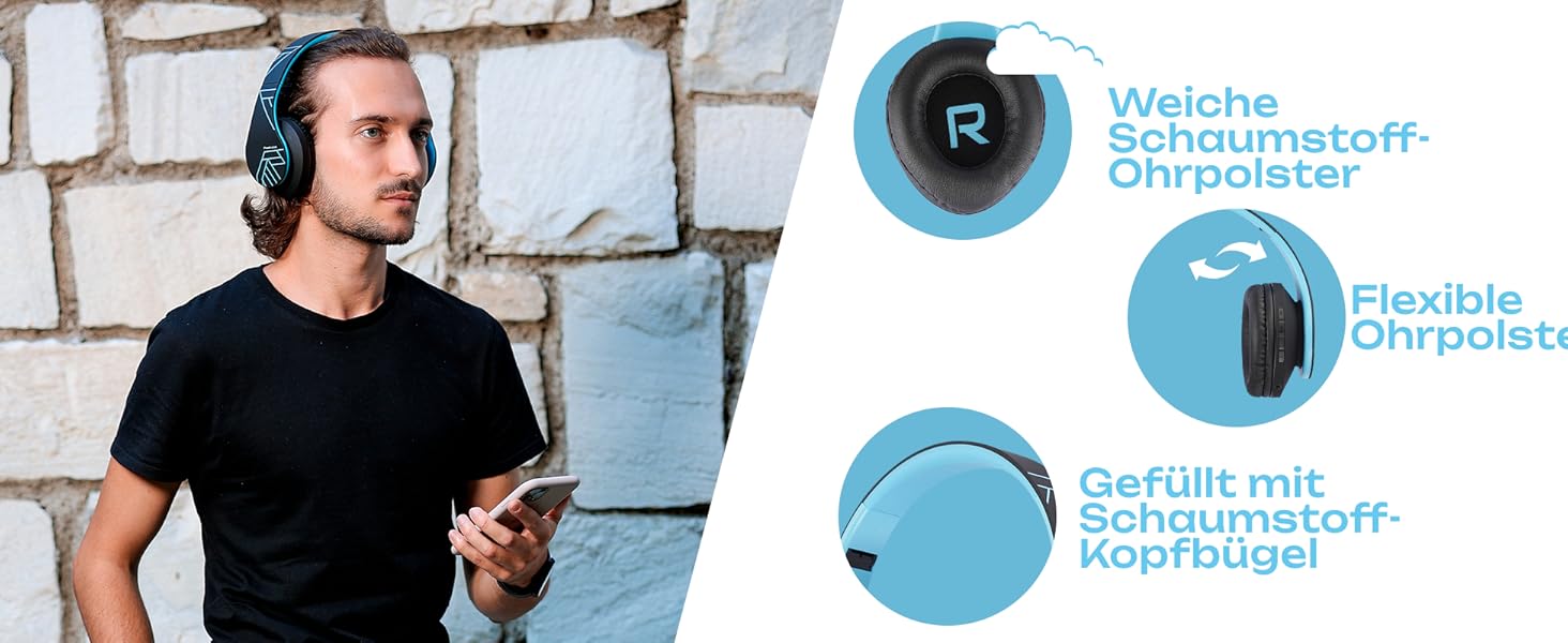 Бездротові навушники PowerLocus Over-Ear з Bluetooth, мікрофоном, складна конструкція, м'які амбушюри, Hi-Fi стерео звук, бас, для дітей та дорослих, TV/PC/Home Office (Чорний/Синій)