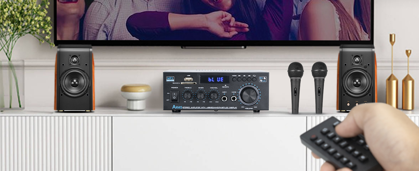 NEOHIPO HiFi-усилювач AK45 Mini, Bluetooth стерео аудіоусилювач 400Вт, 2-канальний, цифровий, з FM-радіо, SD/USB, для дому або авто, чорний