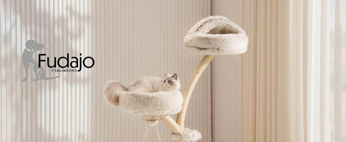 Котячий будиночок-когтеточка Fudajo 169 см, 4 рівні, бежевий, з сизалю