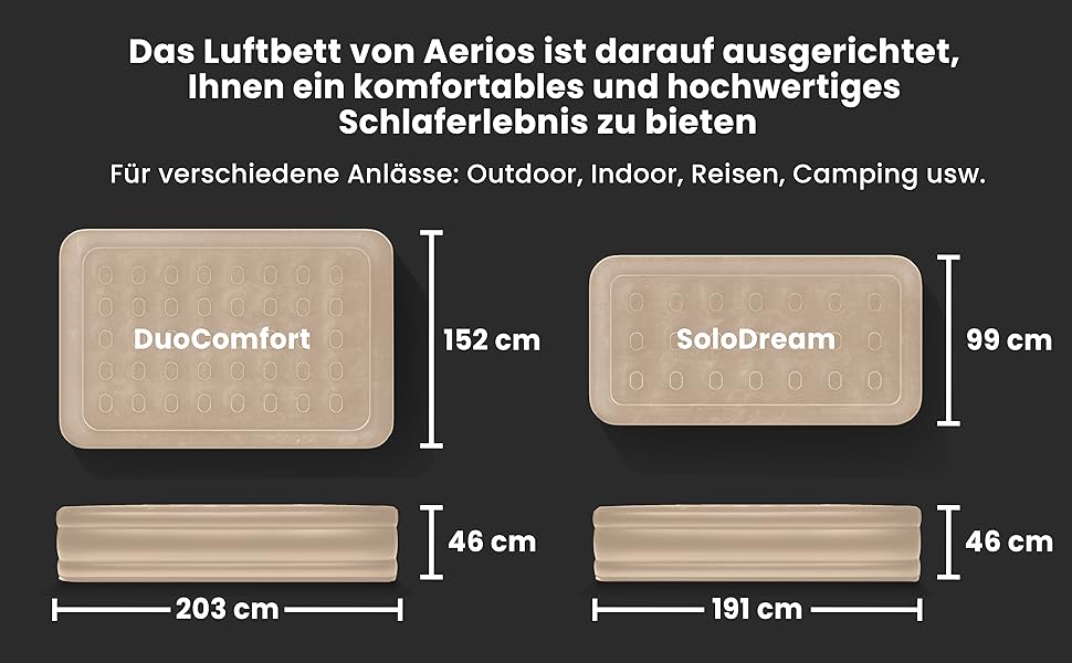 Надувне ліжко Aerios для 2 осіб з вбудованим USB-C насосом | Преміум гостьове ліжко без кабелю живлення | Надувне ліжко - виберіть розмір! Бежевий двоспальний