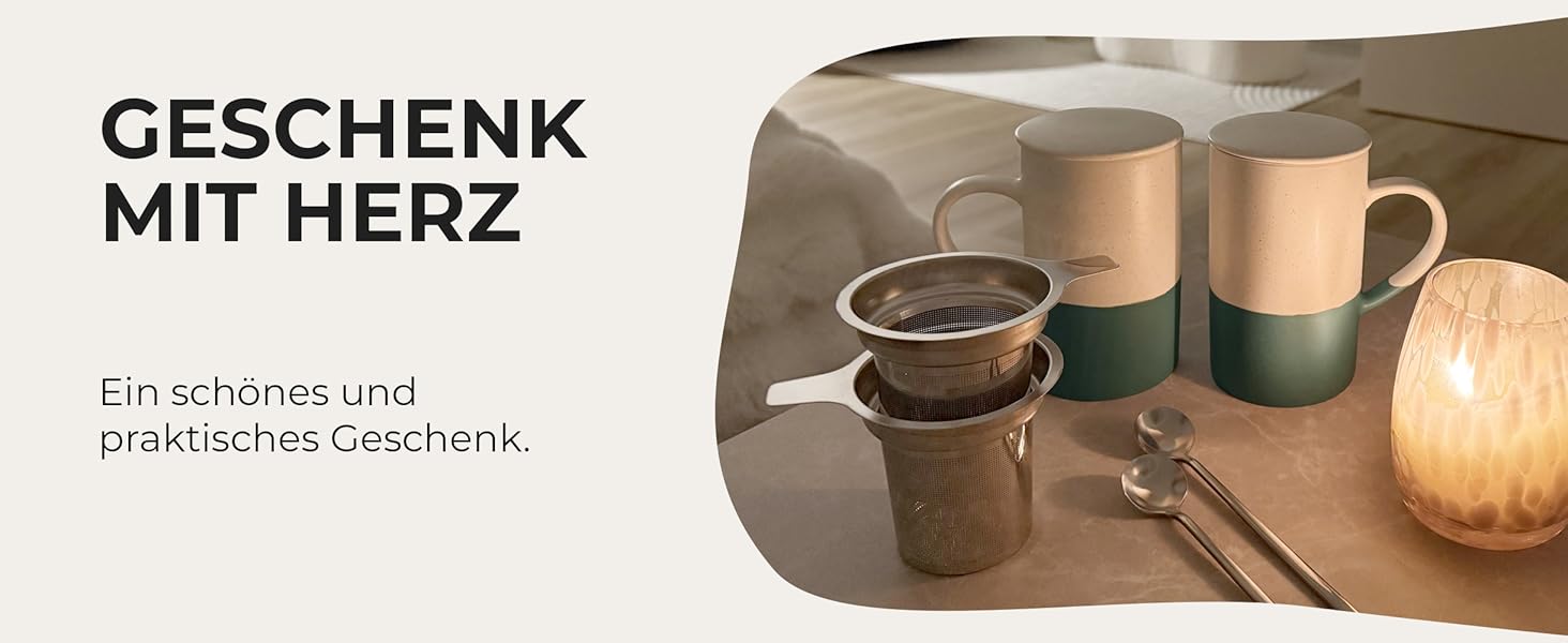 Набір чашок для чаю Miamio 2 шт по 500 мл з кришкою та ситом, керамічні чайники з чайним ситом та ложкою для заварювання листового чаю, подарунок для жінок, безпечні для мікрохвильової печі та посудомийної машини (Темно-зелений)