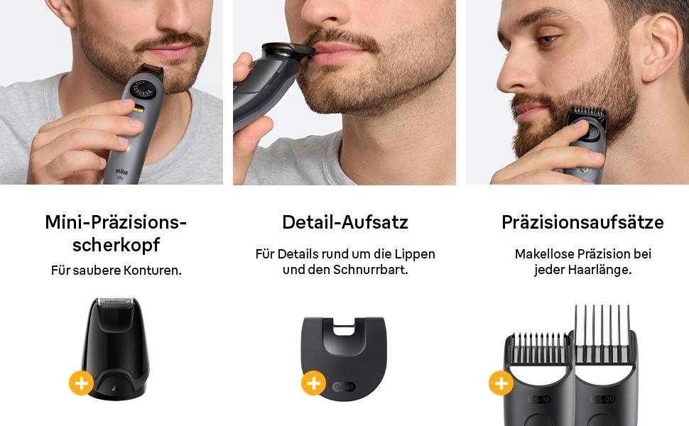 Триммер для бороди Braun Series 5 BT5525: Електрична машинка для стрижки бороди з 5 насадками, водонепроникна, 40 налаштувань довжини, сірий