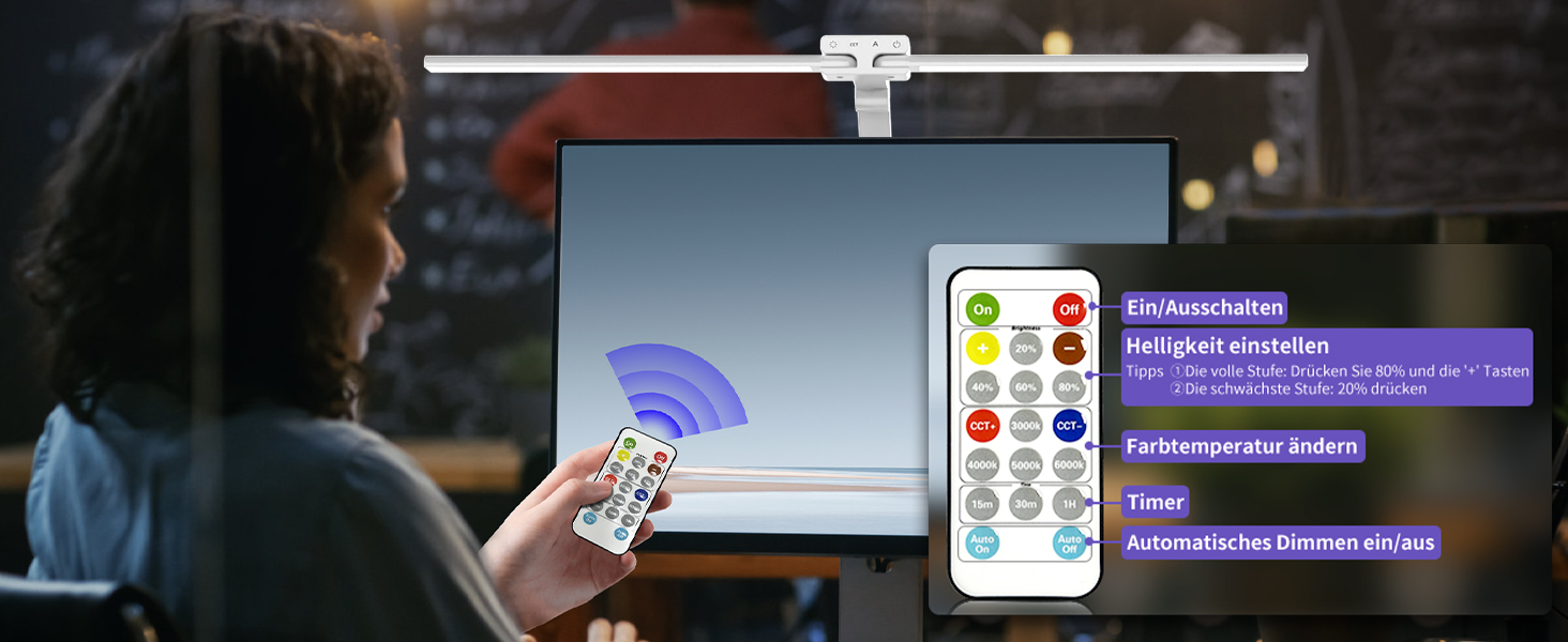 LED лампа настільна KableRika з двома головками, регульована яскравість, 24W, з пульт дистанційного керування, захист очей, для офісу та дому, денне світло, лампа для монітора (біла)