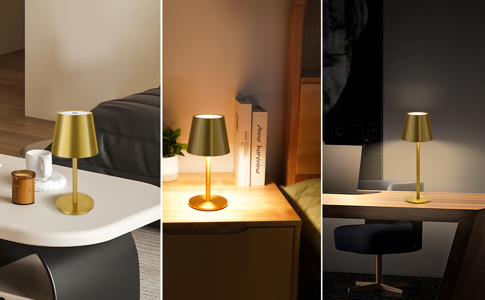 Світлодіодна настільна лампа бездротова з сенсорним керуванням, USB-C, димування, акумуляторна, 3 режими світла, регульована висота, IP54 водонепроникна, золота. Для ресторану, спальні, бару, вулиці