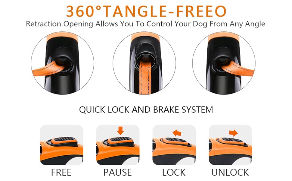 Висувна поводок для собак, 5 м, міцний поводок-рулетка з неслизькою ручкою та кнопкою швидкого гальма, для великих собак до 50 кг, помаранчевий