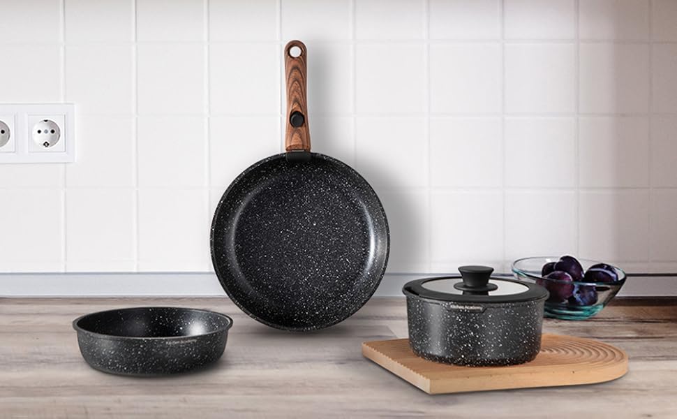 Набір каструль Kitchen Academy 10 предметів з антипригарним покриттям, склокришками та індукційним дном, чорний (KA-CS01-016-Black)
