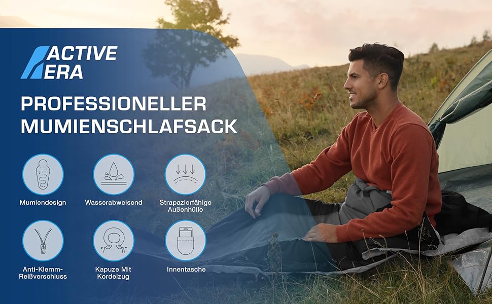 Сплячий мішок Active Era Mumienschlafsack - зимовий та літній, водонепроникний, вітрозахисний, ультралегкий, температурний режим -10°C до 10°C, компактний, для кемпінгу (чорний)
