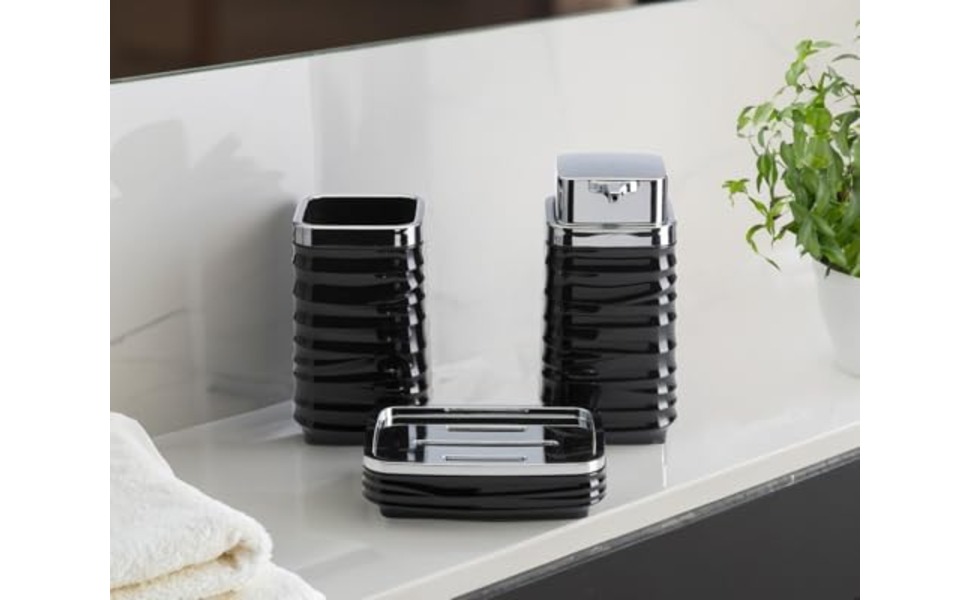 Набір для ванної кімнати HowHomely: щітка для унітазу, сміттєвий бак, дозатор мила, мильниця, чорний/сріблястий