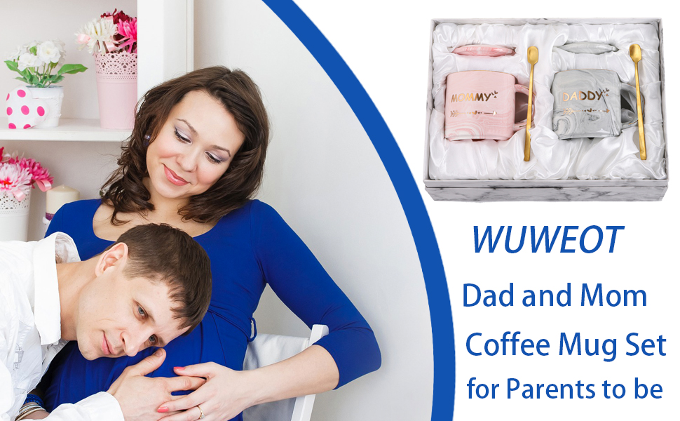 WUWEOT 350ml Coffee Mug Set Ceramic Mommy and Daddy Pair Mugs with Marbling Patterns Coffee Cups Set Gift Set with Lid Spoon Gift Box Perfect for Coffee, Tea, and Water