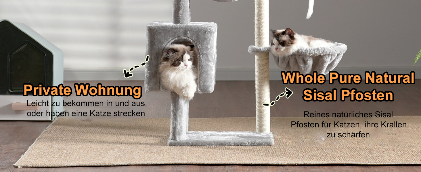 Котячий будиночок Heybly Kratzbaum: висота 100 см, котячий комплекс з платформою, печерею, 2 гамаками та іграшками. Активний котячий будиночок HCT006SG (світло-сірий)