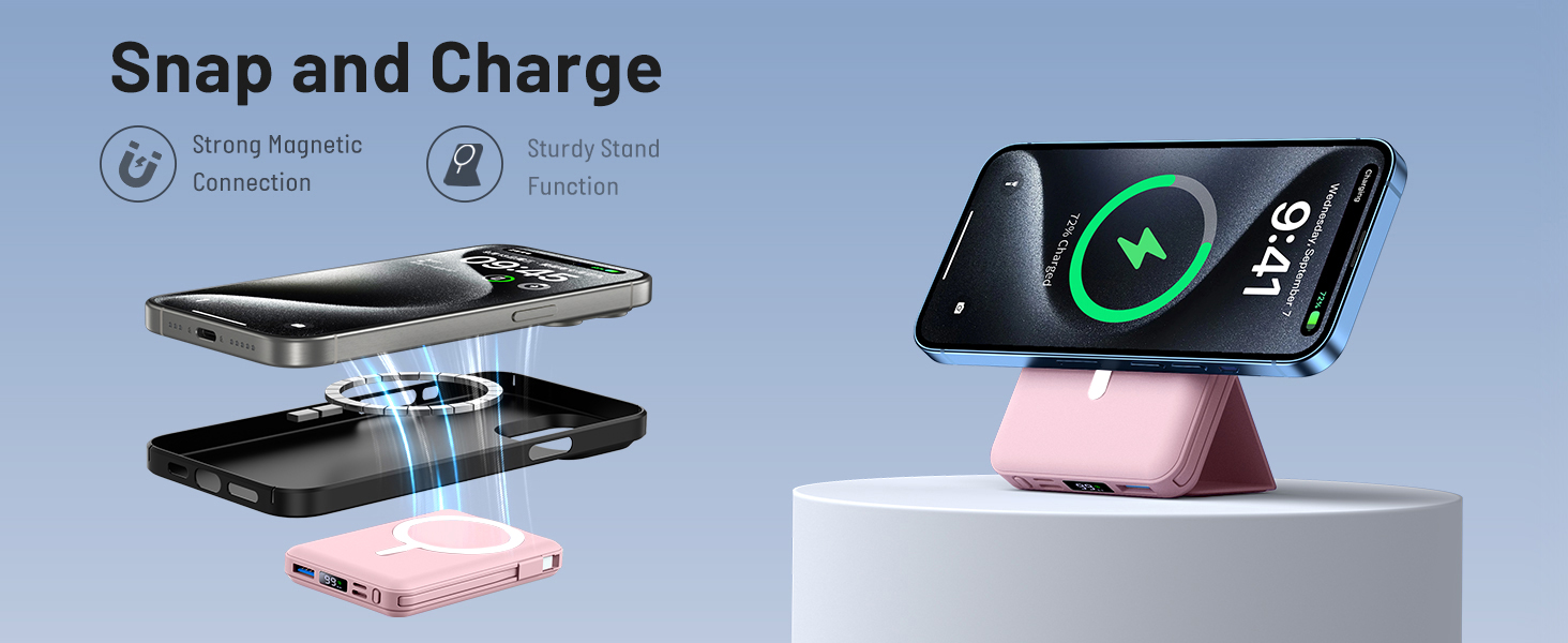 Power Bank Azmuth для iPhone з MagSafe, 10000mAh, бездротова зарядка, LED дисплей, білий (рожевий)