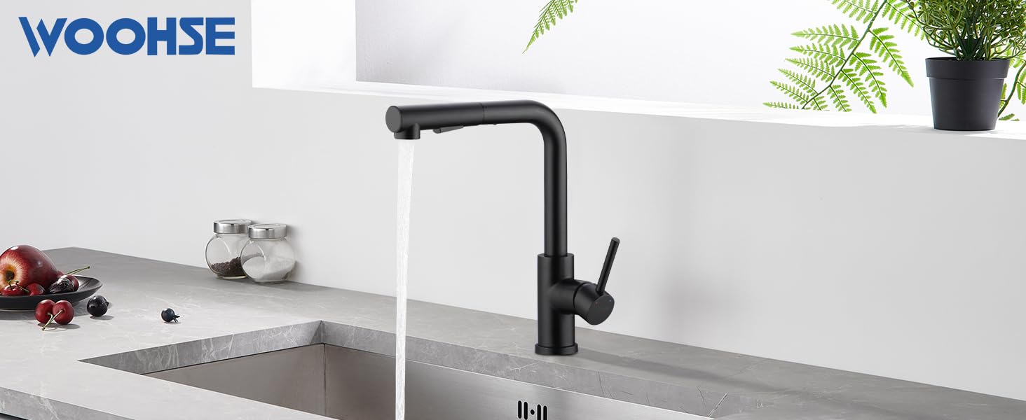 Висувна кухонна змішувач з душем, 360° поворот, кухонна арматура з двома режимами струменя, з нержавіючої сталі, чорний, з висувною насадкою