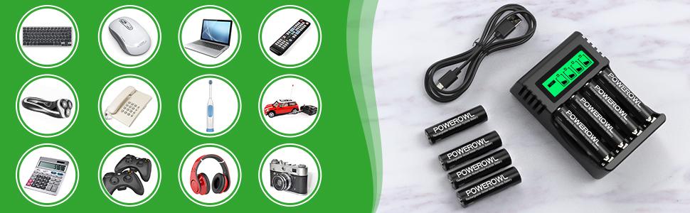 Акумулятори AA Powerowl 2800mAh NI-MH, 8 шт. з інтелектуальною зарядкою USB, 4 слоти, незалежні слоти