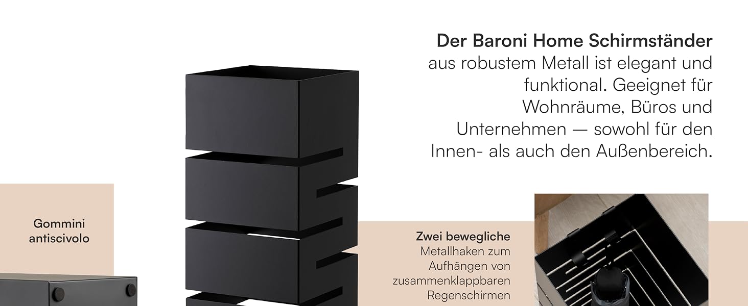 Підставка для парасольки Baroni Home з сучасним дизайном, метал, геометрія, з гачками та знімним піддоном, чорний, 15,5x15x49 см