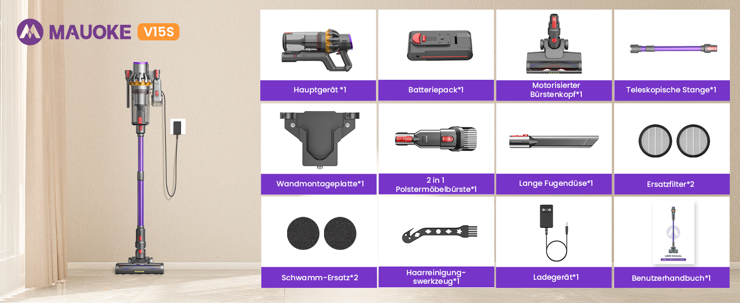 Бездротовий акумуляторний пилосос MAUOKE 45000Pa з LED-дисплеєм та V-подібною насадкою, 6-в-1 для дому, килимів, твердих поверхонь та видалення шерсті тварин