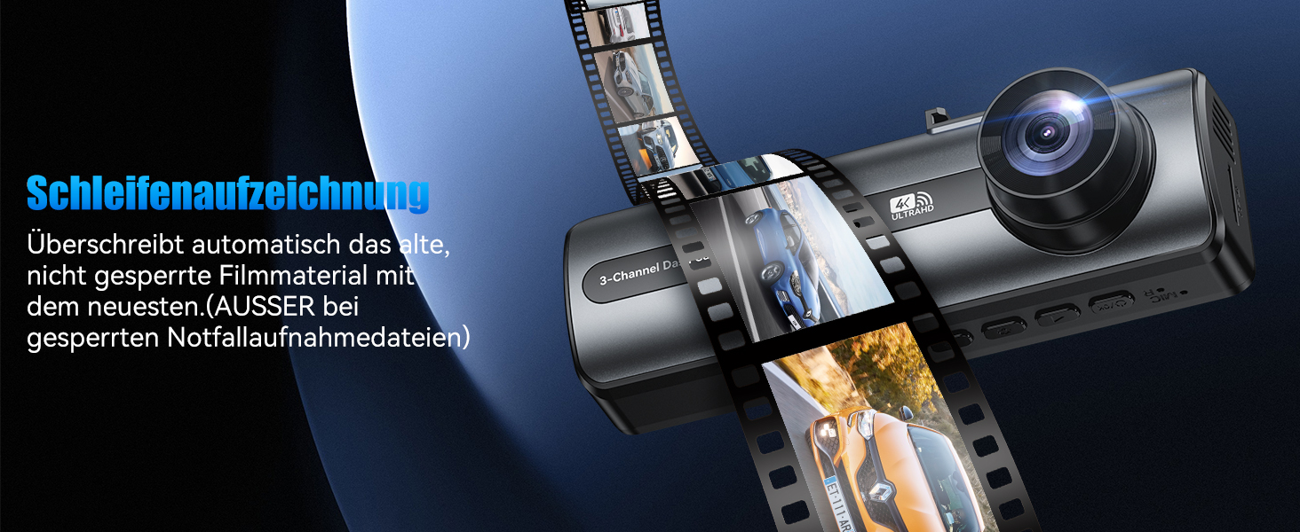 Відеореєстратор 4K Auto Передній та Задній з Хардвайр Кітом, WiFi, Паркувальний Моніторинг, 64GB SD Карта, 3-Канальна Автокамера з Нічним Баченням, 170° Широкий Кут, WDR, G-Сенсор, Циклічна Запис, Керування через APP