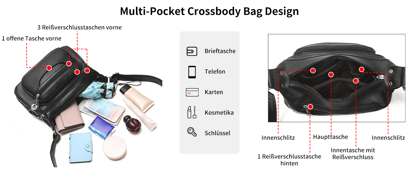 Сумка жіноча через плече NOTAG зі штучної шкіри, чорна: легка сумка-месенджер з декількома кишенями