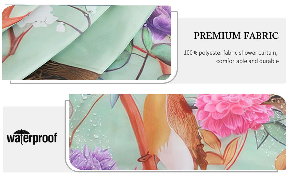 Штора для душу 180x180 см, зелена з квітами та пташками, антигрибкова, водонепроникна, поліестер, з кільцями (12 шт.)