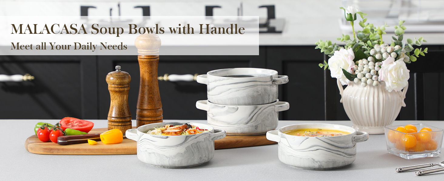MALACASA Набір супових тарілок з ручками, 800 мл, порцеляна, 4 шт, серія Regular (сірий)