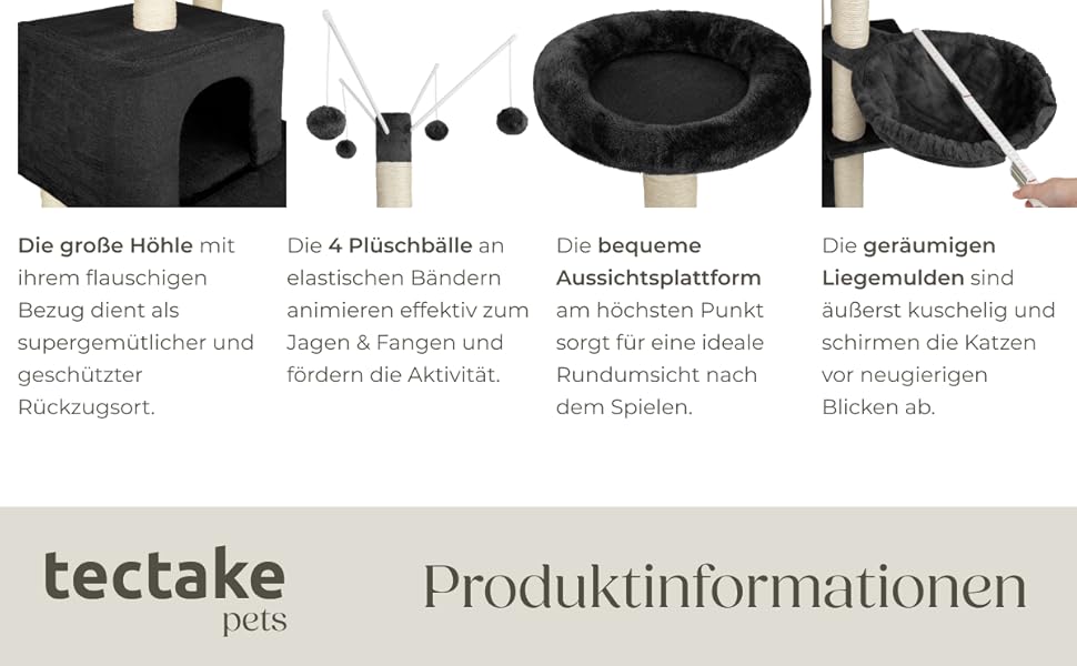 Тектейк® XXL Драбина-кіготь для котів, велика, з аксесуарами: лежанки, гамак, будиночок, іграшки, мотузка з сизалю, ствол для шліфування, кіготь для котів, драбина-кіготь для котів. Висота приблизно 165 см - сірий (Чорний | № 402933)