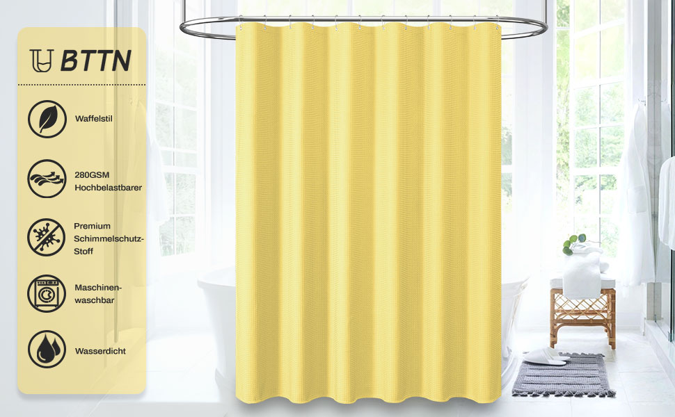 Шторка для душу BTTN вафельна, 180x200 см, антигрибкова, важка, водонепроникна, текстильна, з 12 гачками, зелена