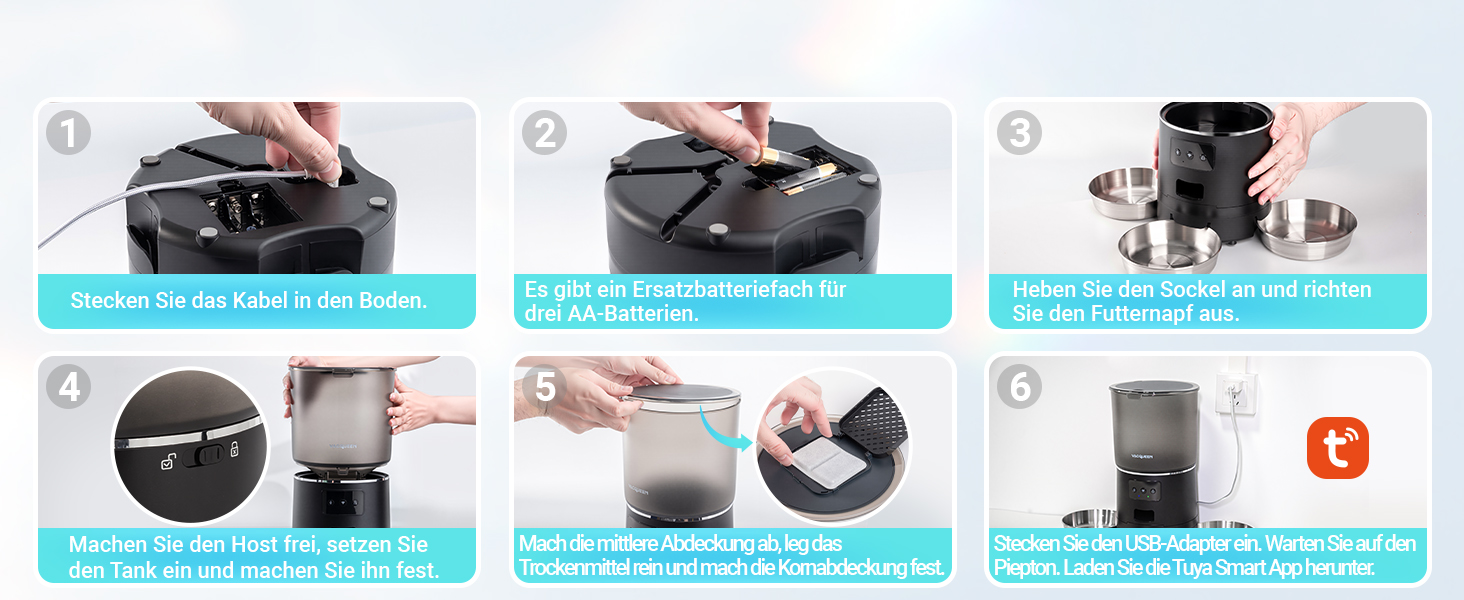 Автомат годівлі для котів з APP та таймером, 6 л / 25 порцій, 3 миски, 3 пакетики силікагелю, система запобігання застряганню, WiFi 2.4G, запис голосу, чорний