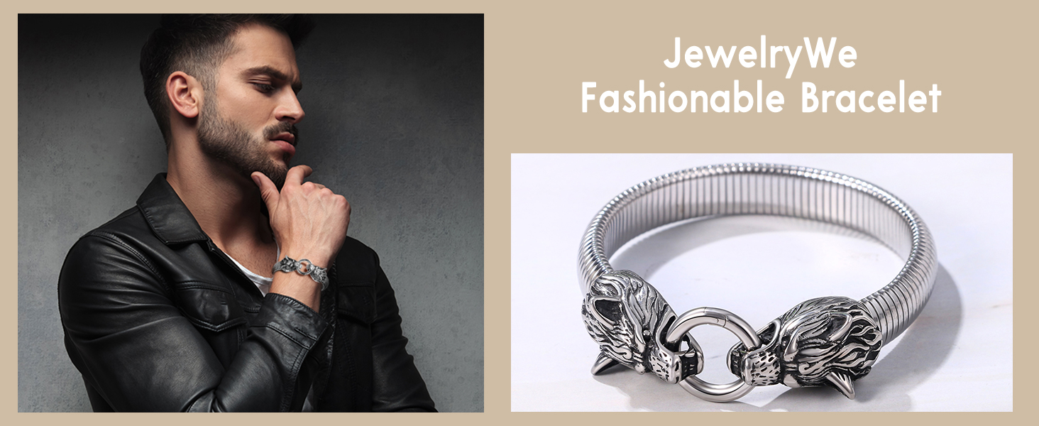 Чоловічий браслет JewelryWe з нержавіючої сталі з вовком, плетіння, стиль вікінг/байкер, відкритий браслет, срібло/золото/чорний, еластичний