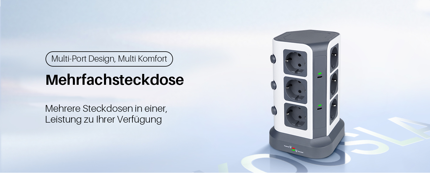 Блок розеток KOOSLA з USB-C, 12 розеток, 3680W/16A, захист від перенапруги 1500J, індивідуальне вмикання, 5м кабель, сірий