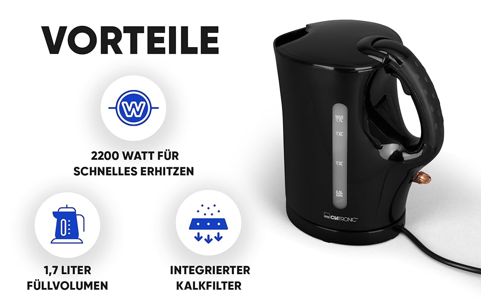 Електричний чайник Clatronic® WK 3819, 1.7 л, автоматичне/ручне вимкнення, фільтр від накипу, 2200 Вт, чорний (Модель 2024)