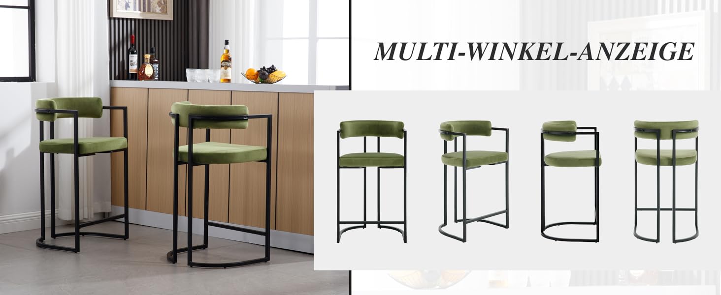 Kitchen Counter Stools Set of 2 - Velvet Upholstered Bar Stools - Modern Breakfast & Bistro Chairs for Dining Room - Green