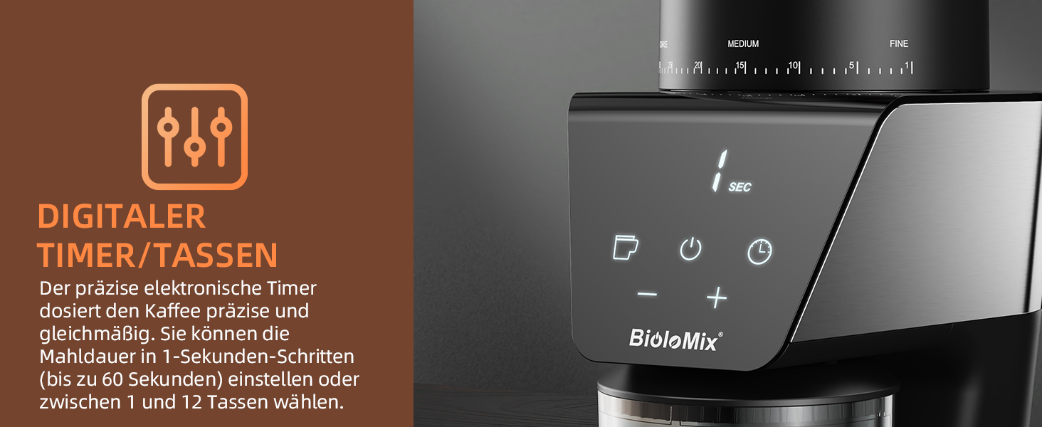 Електрична кавомолка Biolomix з регулюванням помелу, сенсорним дисплеєм та портафільтром
