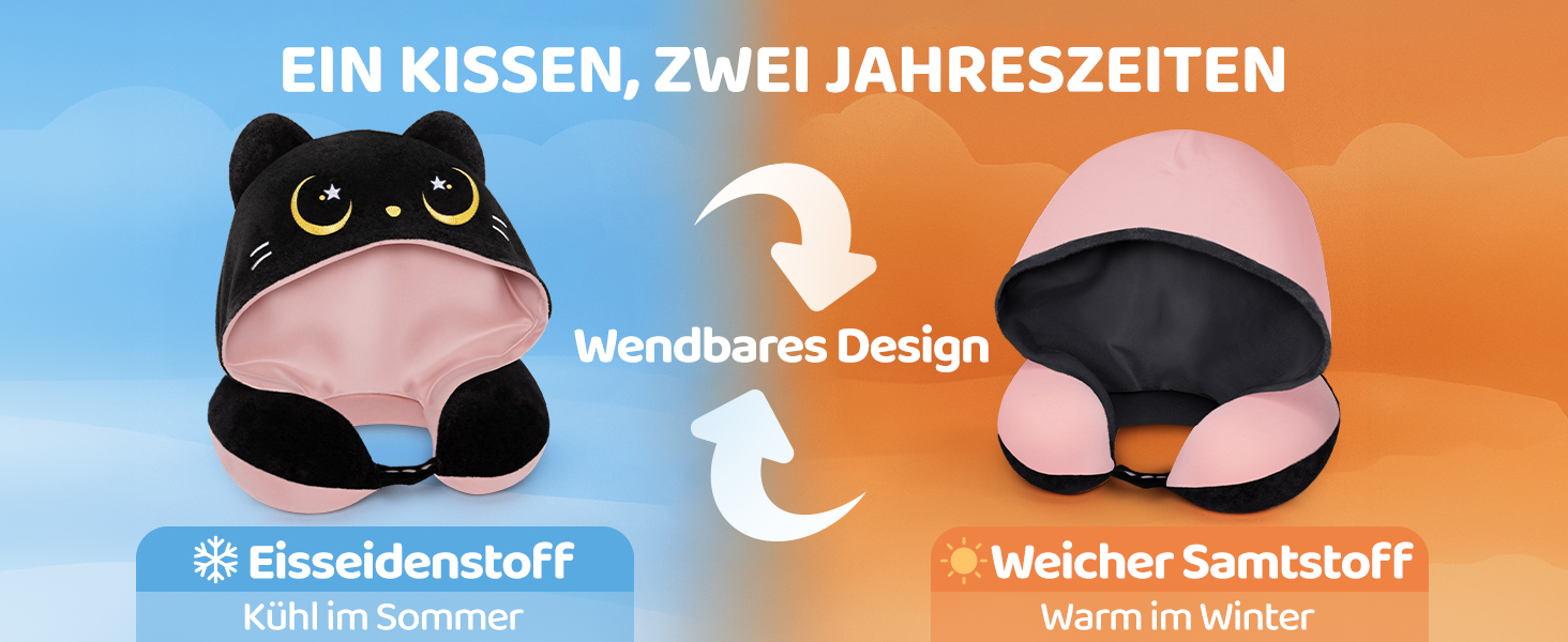 Подушка для шиї Mewaii для подорожей, двостороння подушка для дорослих, подушка для шиї з memory foam для літаків, подушка для шиї з котячою капюшоном, регульований ремінь (Рожева)