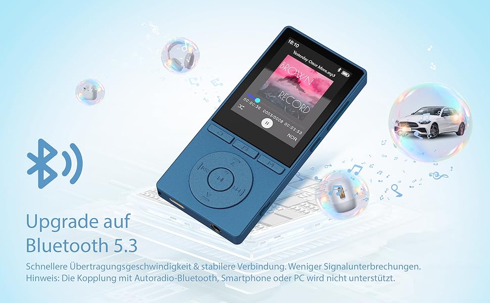 MP3 плеєр 64GB Bluetooth 5.3 з динаміком, HiFi звук, запис голосу, E-book, підтримка TF карти 128GB (Синій)