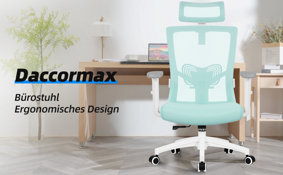 Ергономічне крісло Daccormax для офісу: регульована підголовник, підлокітники, підтримка попереку, поворотний механізм, функція гойдання, сітчасте крісло, турбота про спину, 150 кг (Турквіс)