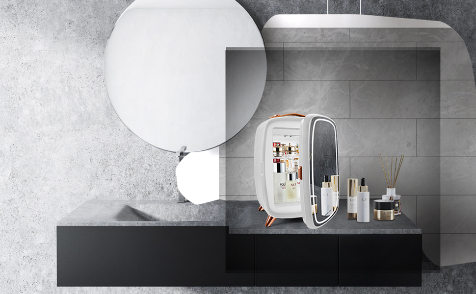 Міні-холодильник KFO Ultra-тихий (20 дБ) з LED-дзеркалом для косметики та напоїв, 220V AC/ 12V DC, термоелектричне охолодження та нагрівання, білий (6 л)