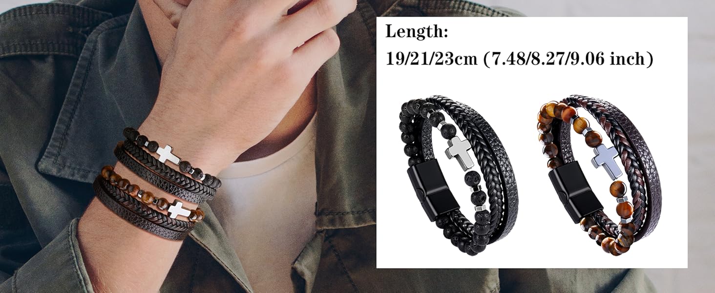 Чоловічий браслет Dochais: нержавіюча сталь, шкіряний ремінець, хрест Ісуса Христа, плетіння з натурального каменю, магнітна застібка, чорний, 21 см