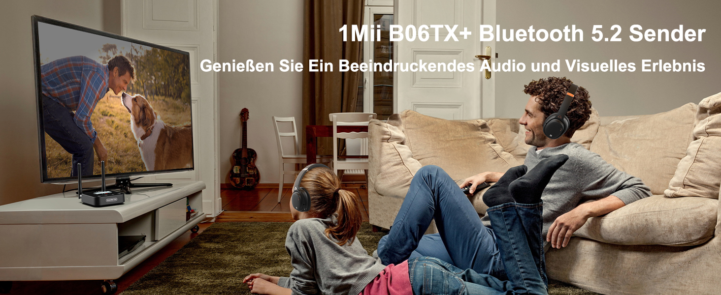 1Mii Bluetooth 5.2 Передавач для ТВ з aptX HD та низькою затримкою, велика дальність дії, аудіоадаптер для 2 навушників або динаміків, 3,5mm AUX/Оптичний/Коаксіальний вихід, регулювання гучності (B06TX+)