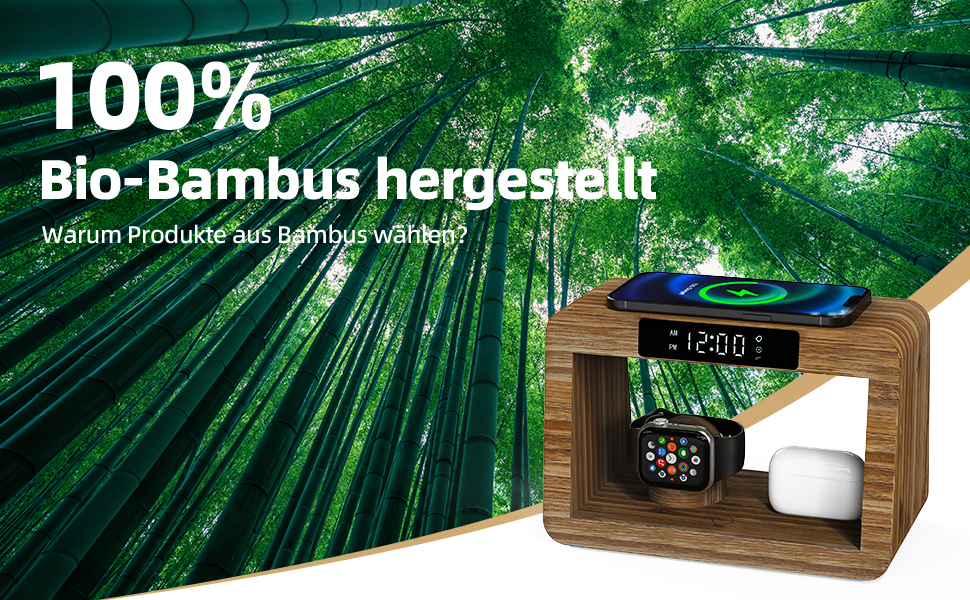 Багатофункціональна бамбукова зарядна станція 5-в-1 з бездротовим зарядним пристроєм, світлодіодним нічником та годинником, сумісна з Apple Watch, AirPods, Samsung Galaxy та іншими пристроями