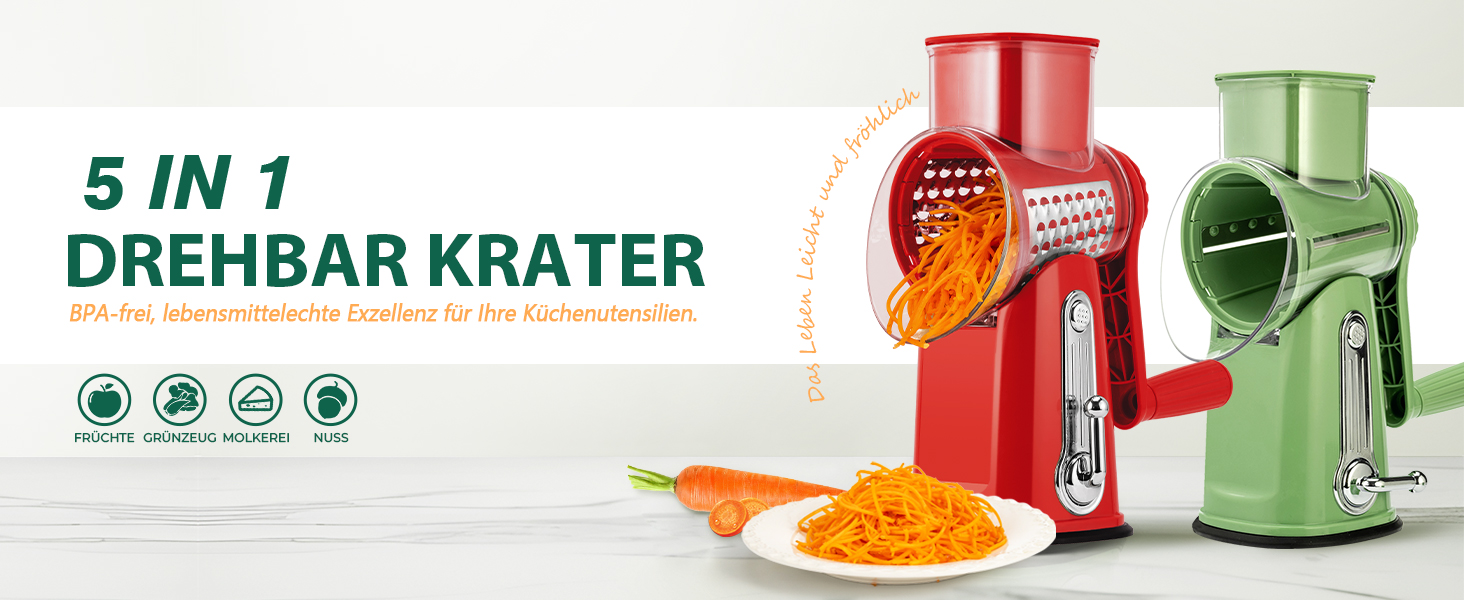 Ручна тертка для овочів Steaseas з ручкою - тертка для сиру, овочів, горіхів з 5 насадок, потужним присоском, контейнером для лез (червона)